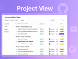 GitHub Project View showing task phases and progress for the YouTube Video Digest project on a purple background.