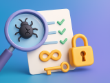 Magnifying glass inspecting a checklist with a cracked bug, CI/CD symbol, and padlock on a blue-purple gradient background.