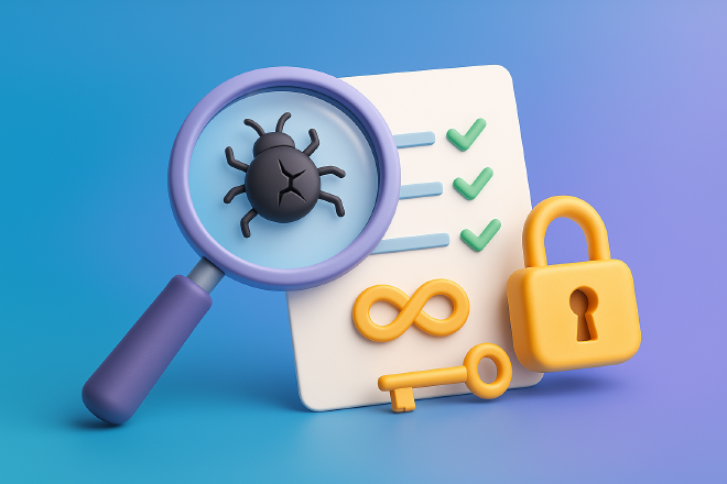 Magnifying glass inspecting a checklist with a cracked bug, CI/CD symbol, and padlock on a blue-purple gradient background.